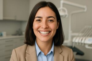 A young professional smiling confidently, showcasing clear aligners on their teeth, with a subtle background of a modern dental office. No text on image.