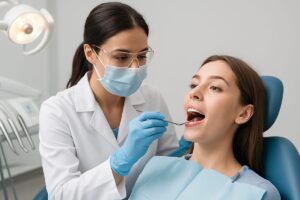 Image of a dentist leaning over a patient in a dental chair, holding dental tools. The dentist is pointing to a set of x-rays, and the patient has an open mouth. No text on image.