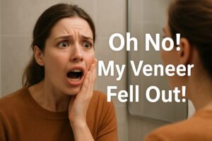 An image of a person looking in the mirror, shocked, with a missing veneer on their front tooth. The text on the image reads "Oh No! My Veneer Fell Out!".