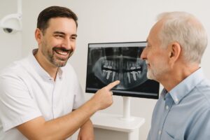 Photo of a dentist smiling, consulting with a mature patient, pointing to a digital scan of the patient's jaw with dental implants in place. No text on the image.