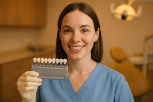 Image of a dental professional holding a set of porcelain veneers, with a warm and inviting dental office in the background. The veneers should appear natural and aesthetically pleasing. No text on the image.