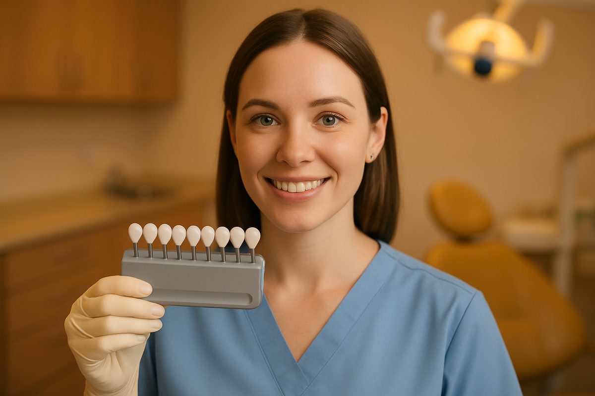 Image of a dental professional holding a set of porcelain veneers, with a warm and inviting dental office in the background. The veneers should appear natural and aesthetically pleasing. No text on the image.