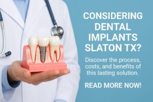 A dentist is consulting with a patient, pointing to a digital scan of their jaw with visible implant placement. The text on the image says "Are Dental Implants Right For You?".