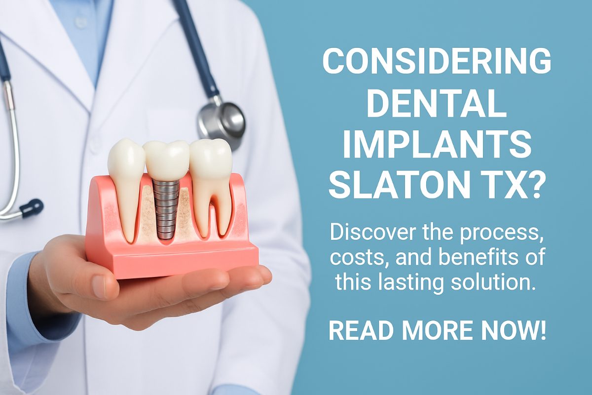A dentist is consulting with a patient, pointing to a digital scan of their jaw with visible implant placement. The text on the image says "Are Dental Implants Right For You?".