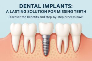Image showcasing a before-and-after transformation of a patient's smile, highlighting the "put in teeth" dental implant procedure, with the after showing a complete, natural-looking smile. No text on the image.