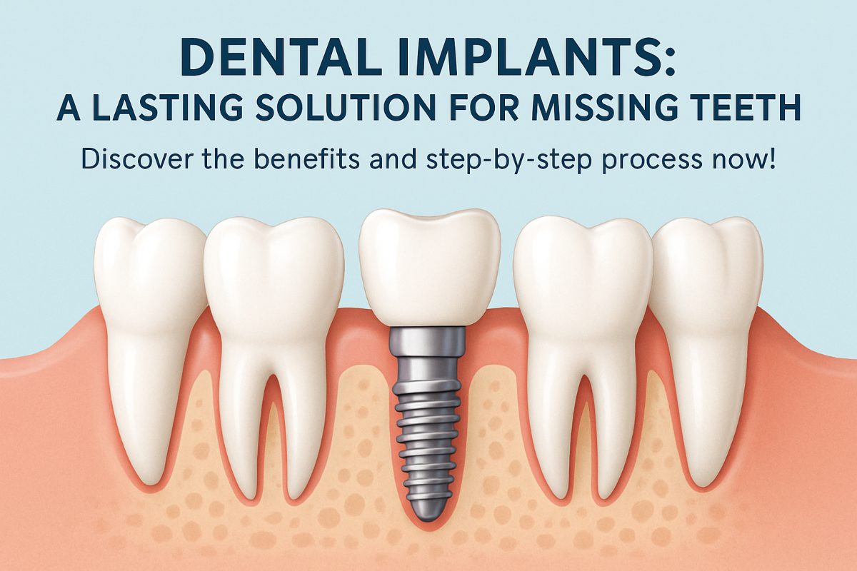 Image showcasing a before-and-after transformation of a patient's smile, highlighting the "put in teeth" dental implant procedure, with the after showing a complete, natural-looking smile. No text on the image.