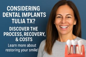 A dentist in Tulia, TX, is consulting with a patient about dental implants. The dentist is pointing to a 3D model of the patient's mouth to show where the implants would be placed. No text on image.