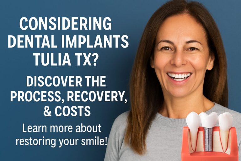 A dentist in Tulia, TX, is consulting with a patient about dental implants. The dentist is pointing to a 3D model of the patient's mouth to show where the implants would be placed. No text on image.