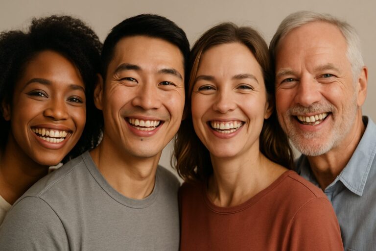 Image of a diverse group of people smiling, with subtle dental implants visible on some. No text on the image.