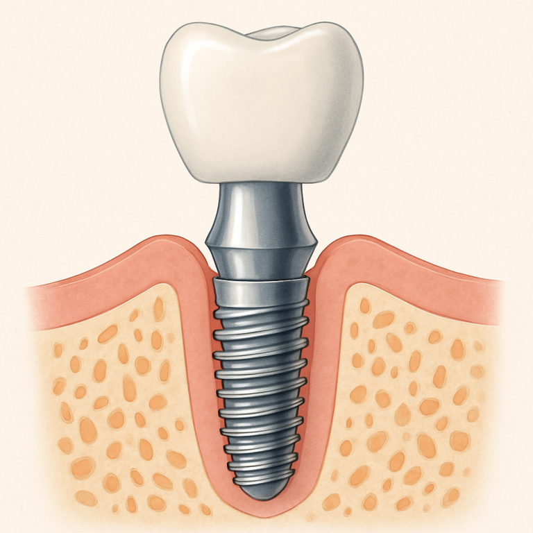 A diagram showing the different parts of a tooth implant: the fixture in the jawbone, the abutment connecting the fixture to the crown, and the crown which is the visible part of the tooth. No text on image.
