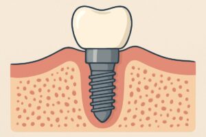 An animated diagram of a dental implant, showing the titanium screw placed in the jawbone, the abutment connecting it, and the crown as the visible tooth. No text on the image.