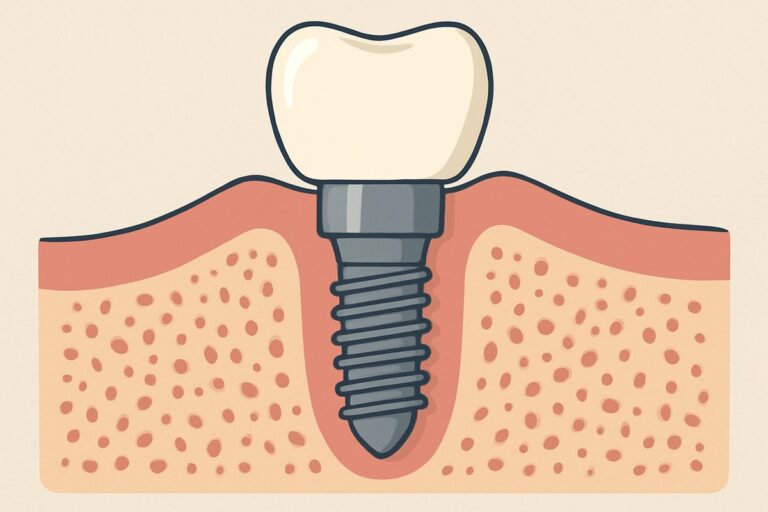 An animated diagram of a dental implant, showing the titanium screw placed in the jawbone, the abutment connecting it, and the crown as the visible tooth. No text on the image.