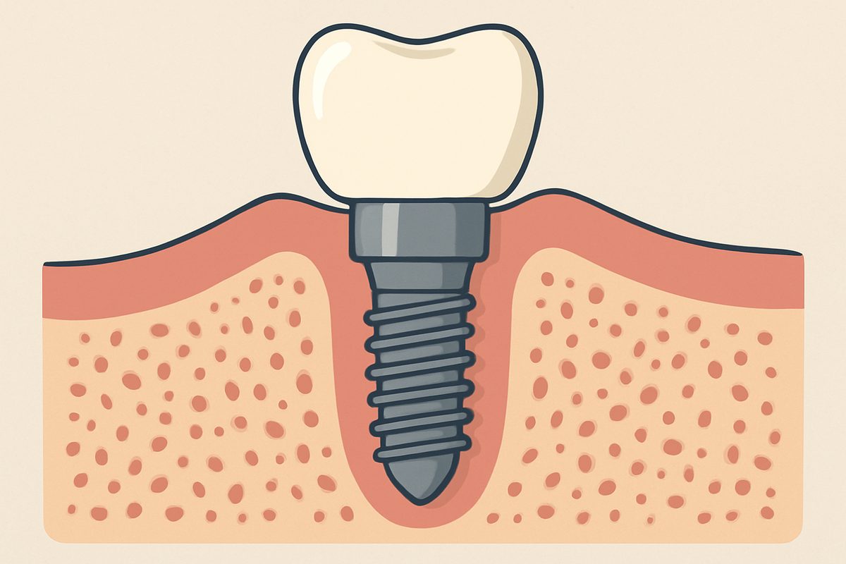 An animated diagram of a dental implant, showing the titanium screw placed in the jawbone, the abutment connecting it, and the crown as the visible tooth. No text on the image.
