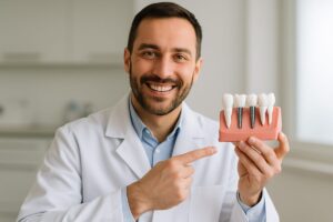 A dentist is smiling and pointing to a 3D model of a patient's mouth with dental implants, showcasing the precision and planning involved in dental implant procedures. No text on the image.