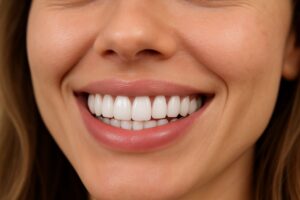 Close up image of perfectly aligned "vineers teeth" on a smiling female patient. No text on the image.