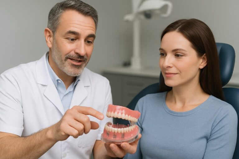 A dentist is explaining the benefits of an implants denture to a patient, using a model to demonstrate how the denture attaches to the implants. The image should convey stability and confidence. No text on image.