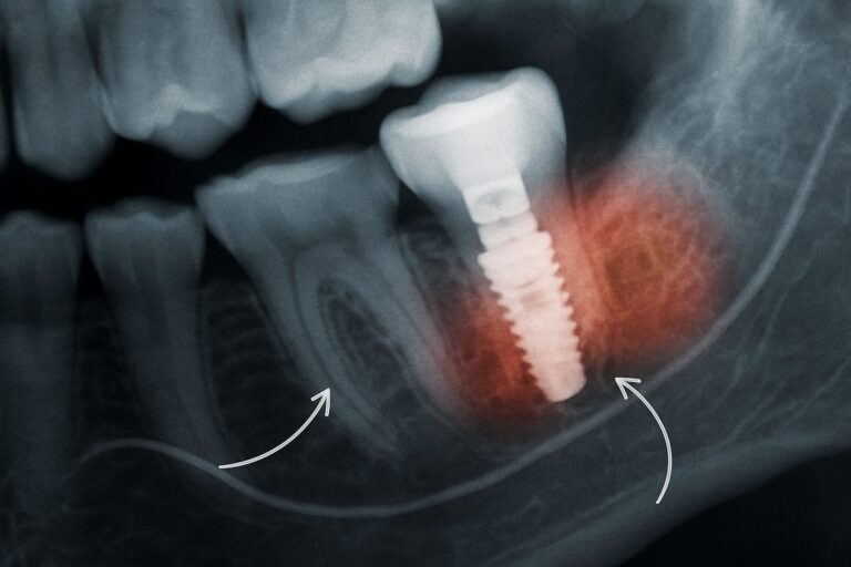 Close up of an X-ray showing a dental implant in the jawbone, highlighting the area around the implant to illustrate potential side effects, with callouts to nearby nerves. No text on image.