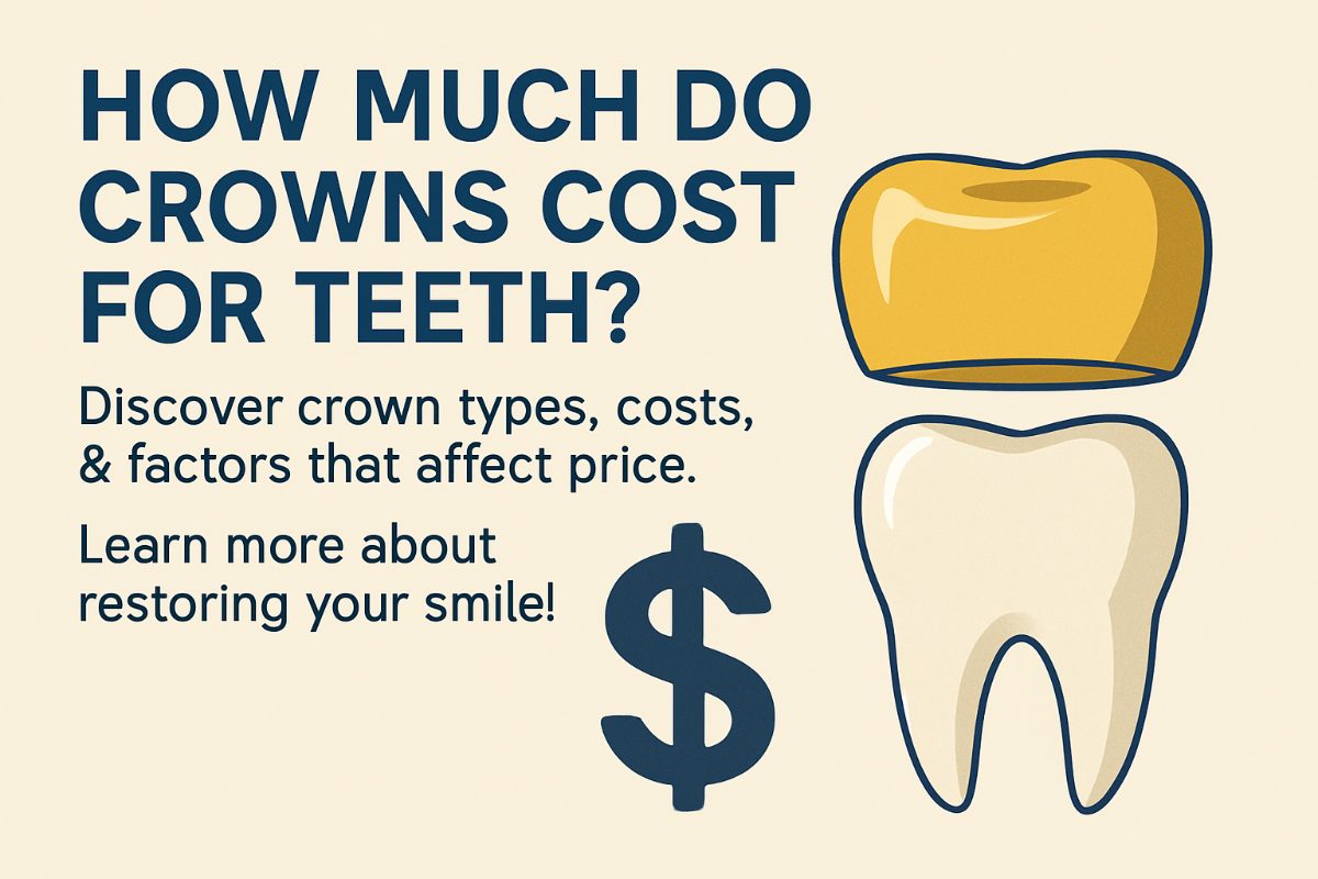 An infographic breaking down "how much do crowns cost for teeth?" including the different crown types and the typical price ranges: PFM, all-ceramic, Zirconia, and gold. No text on the image.