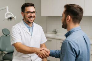 A friendly dentist in Plainview, TX, smiling and shaking hands with a new patient in a modern dental office. The image should convey trust and professionalism. No text on the image.