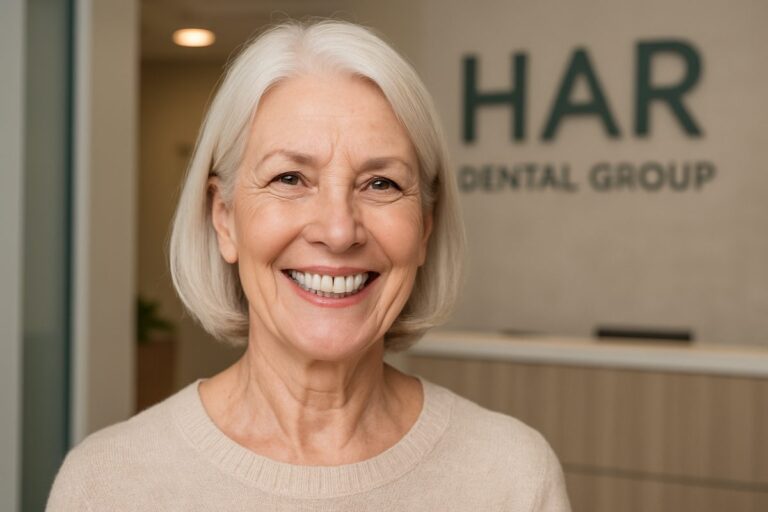 Image of a smiling senior woman with dental implants, showcasing a confident and natural-looking smile. The background subtly features the HAR Dental Group office. No text on the image.