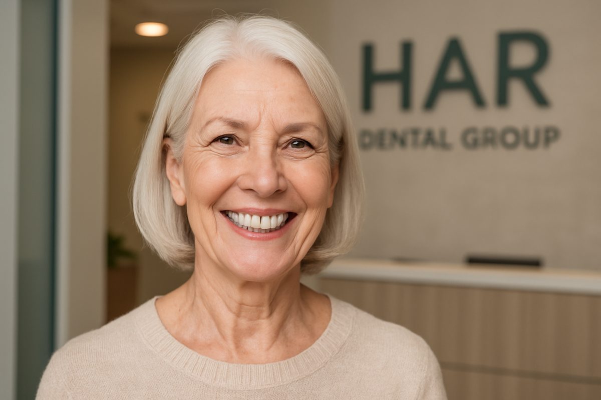 Image of a smiling senior woman with dental implants, showcasing a confident and natural-looking smile. The background subtly features the HAR Dental Group office. No text on the image.
