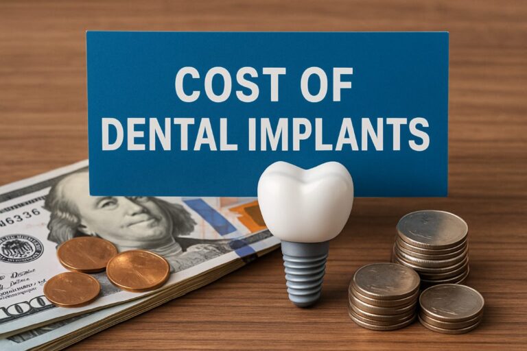 A photo of a dentist explaining tooth implant pricing to a patient while pointing to a digital display of different implant options. The dentist is wearing a white coat and the patient looks engaged and thoughtful. No text on the image.