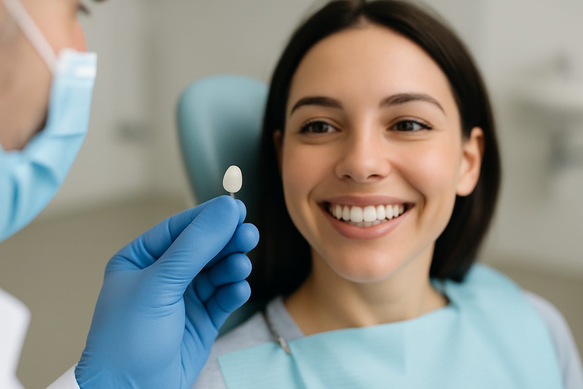 Image of a dentist holding a porcelain veneer, with a patient smiling in the background, to represent the transformative results. No text on the image.