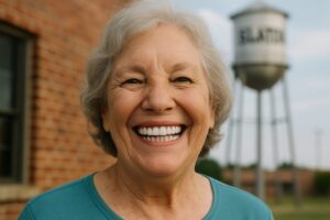 Image of a smiling senior woman in Slaton, Texas, showcasing her new full arch dental implants. No text on image.