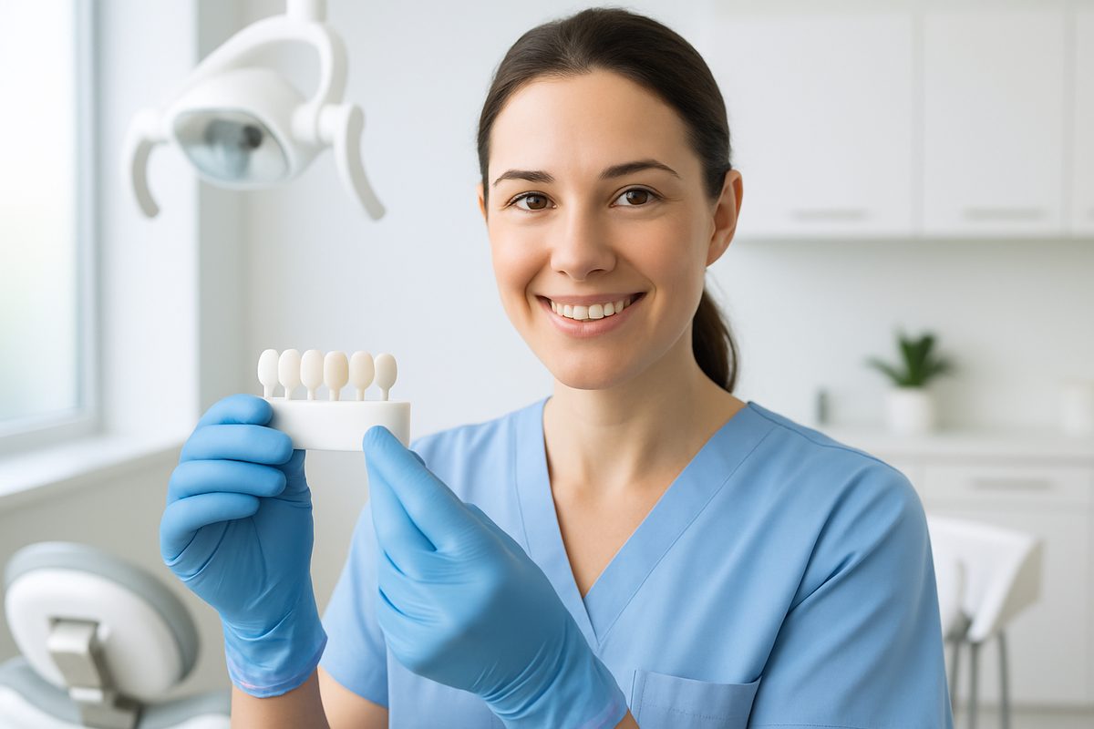 A bright, inviting dental office setting with a dentist holding a set of porcelain veneers, showcasing their thin, natural-looking quality. No text on the image.