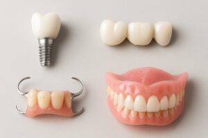 Photo showcasing four distinct dental tooth replacement options: a dental implant with a crown, a traditional bridge, partial dentures, and full dentures. No text on image.