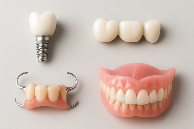 Photo showcasing four distinct dental tooth replacement options: a dental implant with a crown, a traditional bridge, partial dentures, and full dentures. No text on image.