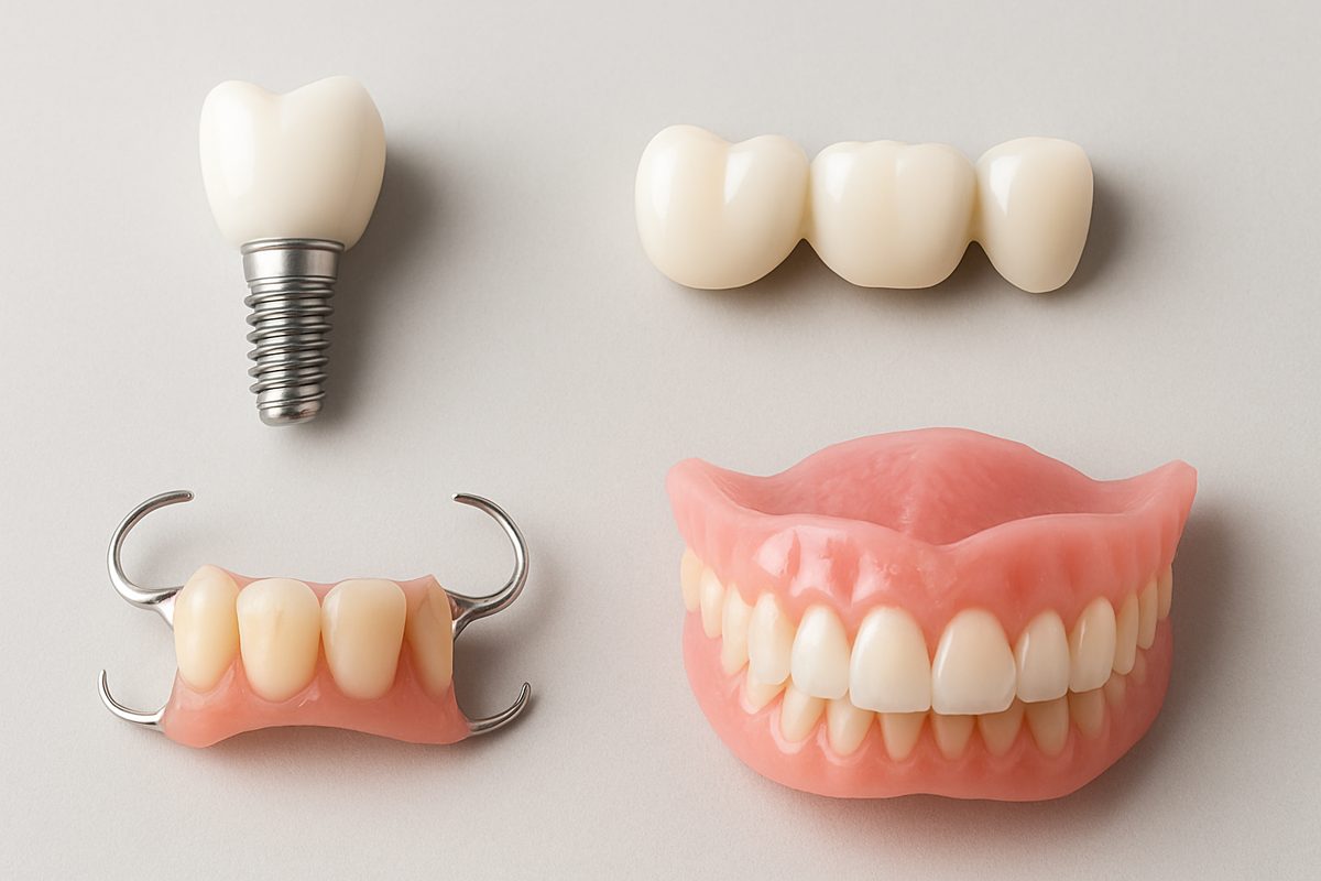Photo showcasing four distinct dental tooth replacement options: a dental implant with a crown, a traditional bridge, partial dentures, and full dentures. No text on image.