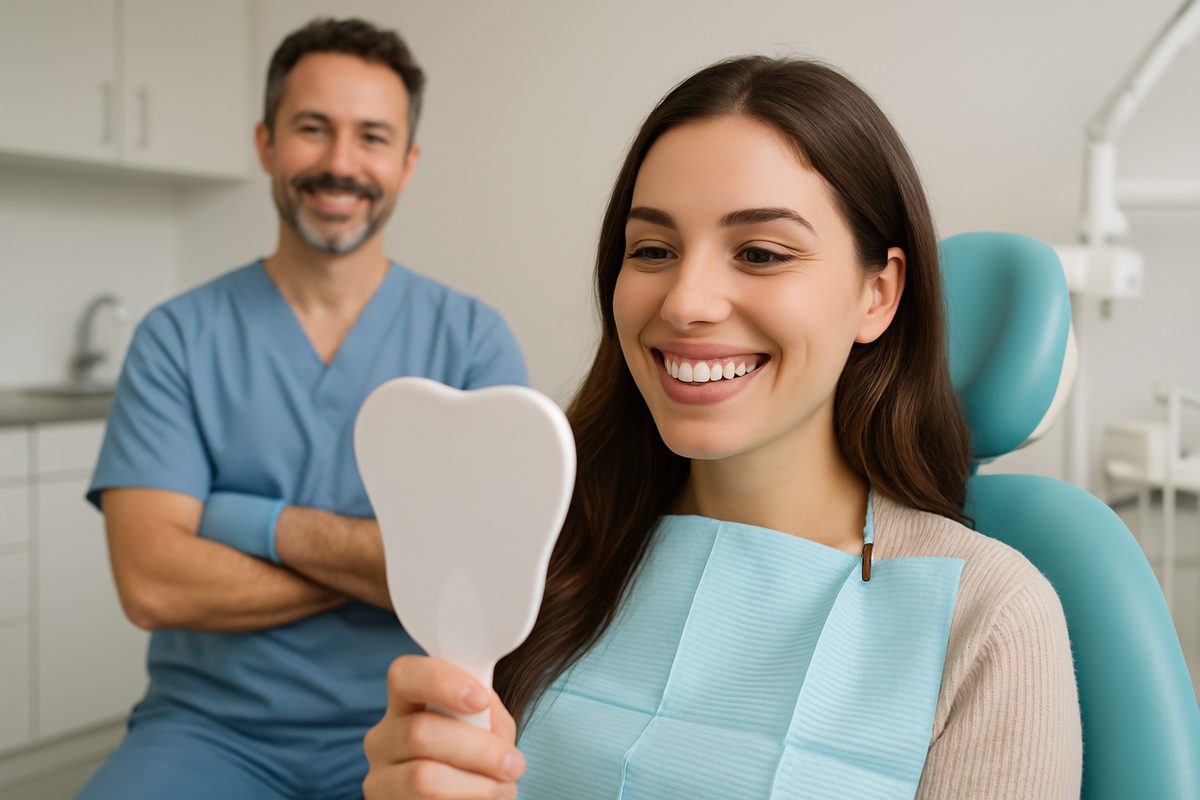 Smiling woman in a dental chair looking at a mirror with her new veneers. The veneer cosmetic dentist is in the background looking proud. No text on image.