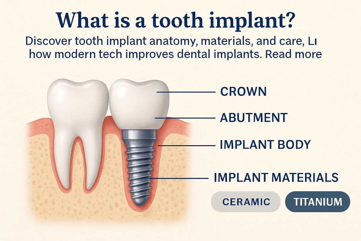 Detailed tooth implant diagram showcasing the implant fixture within the jawbone, the abutment connecting it to the crown, and the surrounding gum and bone tissues. Labels indicate key components like the implant length, diameter, and angulation relative to nearby nerves and sinuses. No text on the image.