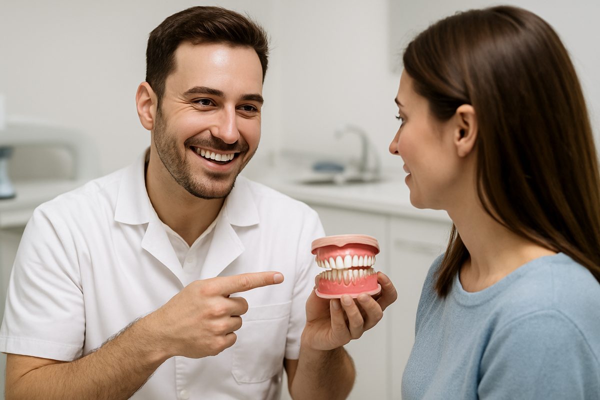 Photo of a dentist smiling and pointing to a set of prosthetic teeth in their hands while consulting with a patient. No text on the image.