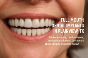 Photo of a dentist smiling and pointing to a set of full mouth dental implants in Plainview, TX on a digital scan, showcasing the modern technology used in the procedure. No text on image.