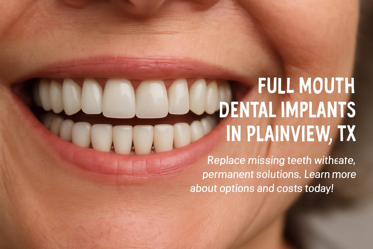 Photo of a dentist smiling and pointing to a set of full mouth dental implants in Plainview, TX on a digital scan, showcasing the modern technology used in the procedure. No text on image.