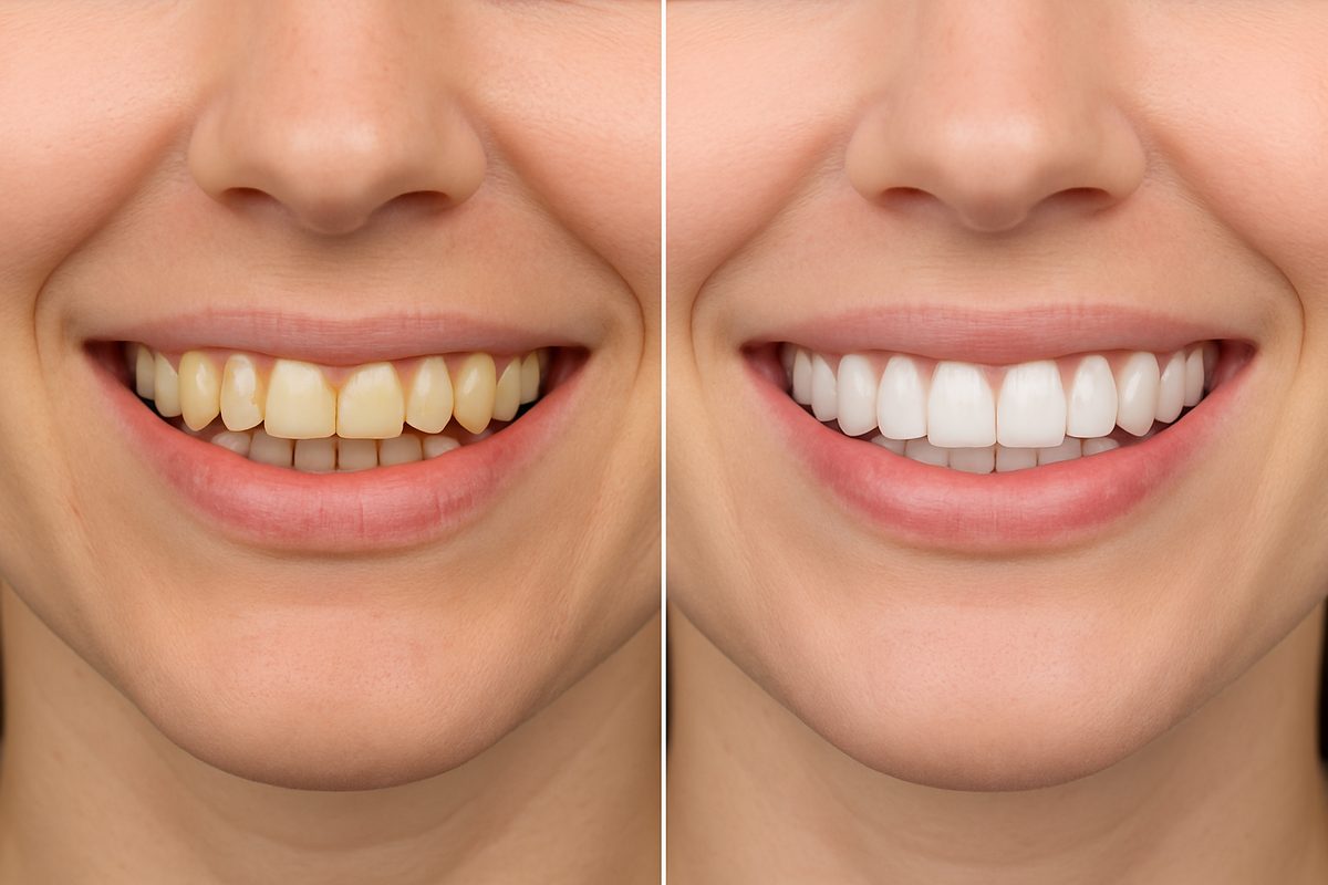A before and after photo split in half showing a patient's smile before "over teeth veneers" and then after, revealing a straighter, whiter smile. No text on image.
