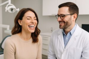 A person with a bright smile with perfect white dental veneers is laughing with a dentist in a modern office. No text on image.