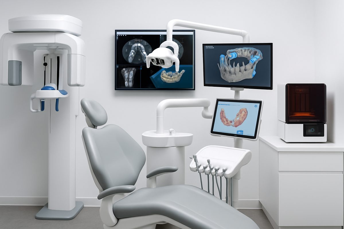 Image showcasing a modern dental office with state-of-the-art technology, including CBCT imaging, X-Nav guided surgery, and 3D printing. No text on image.