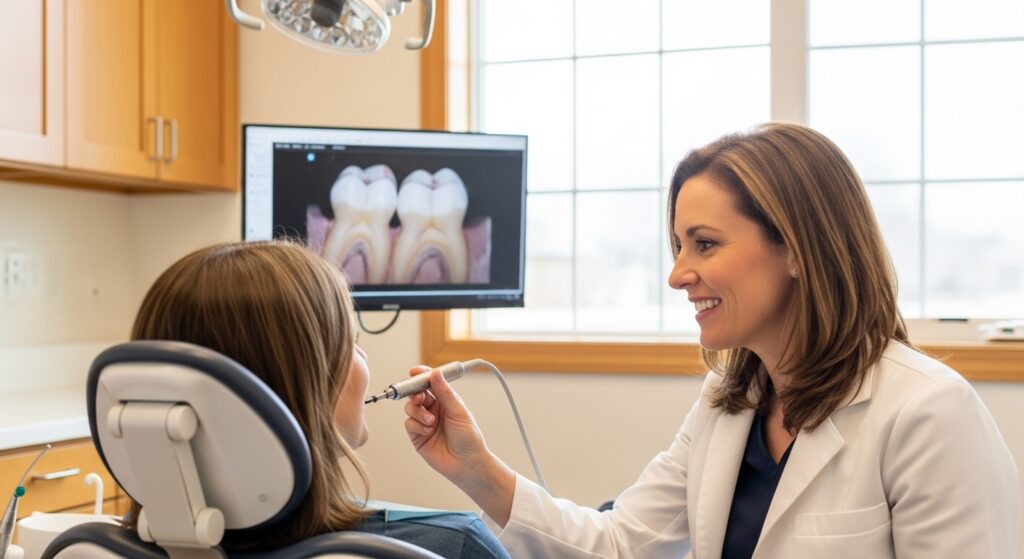 Dentist consulting with a patient in a modern, well-equipped dental office.