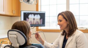 Dentist consulting with a patient in a modern, well-equipped dental office.