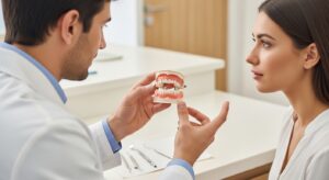Patient consultation for chipped tooth treatment in a modern dental office
