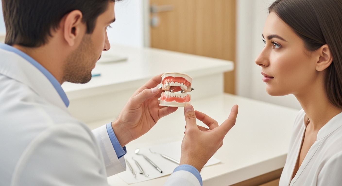 Patient consultation for chipped tooth treatment in a modern dental office