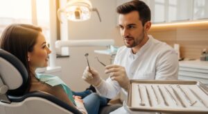 Patient and dentist discussing dental cleaning options in a modern clinic