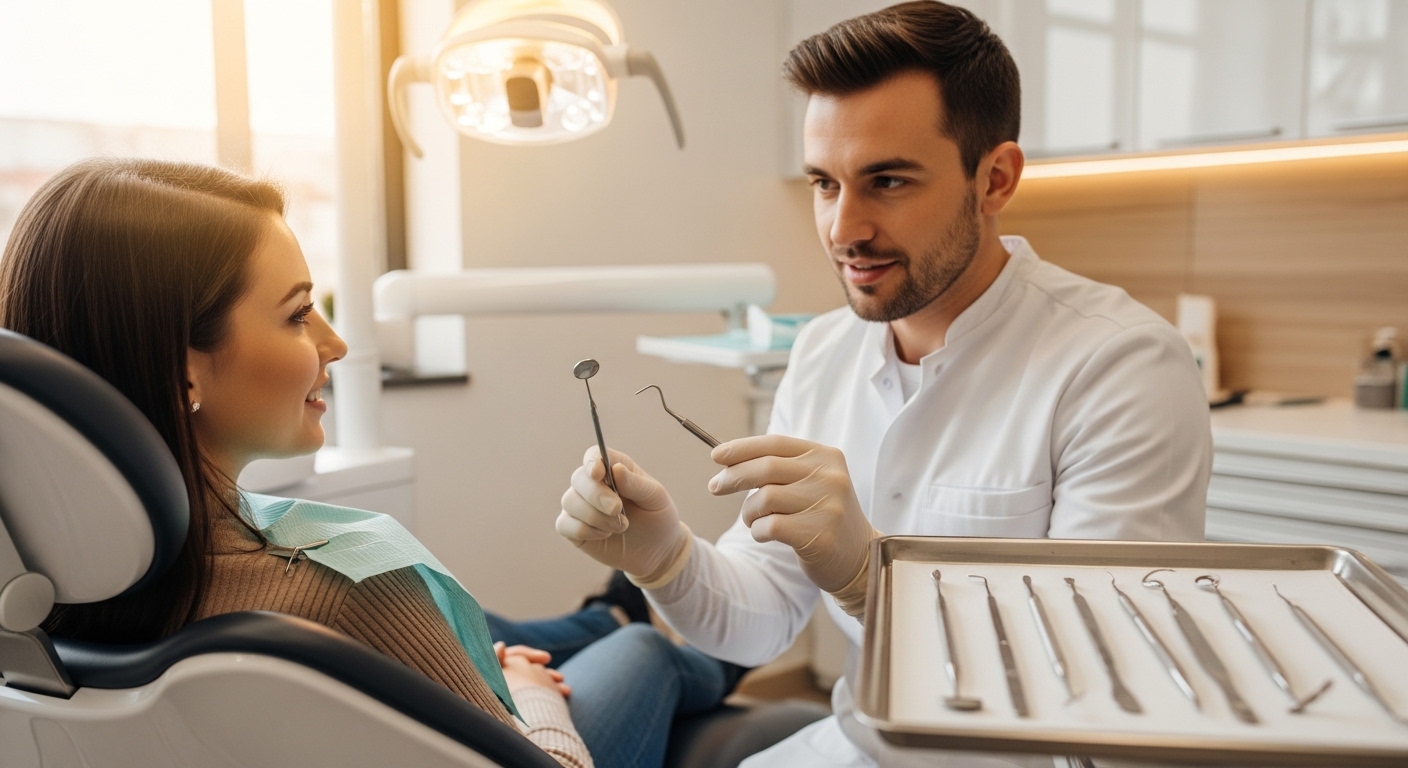 Patient and dentist discussing dental cleaning options in a modern clinic
