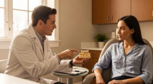 Dentist explaining a dental bridge model to a patient in a modern dental office.
