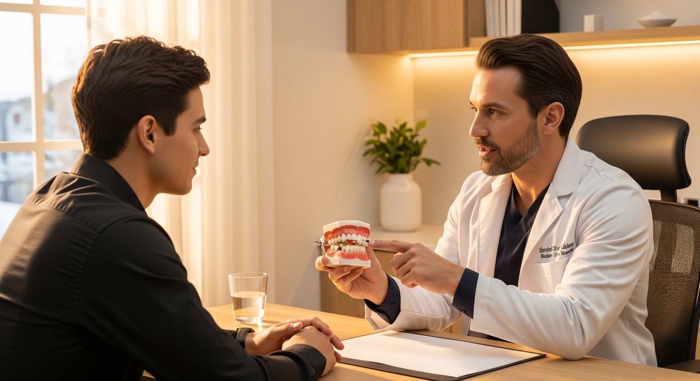 Dentist explaining dental bridges to a patient in a modern dental office