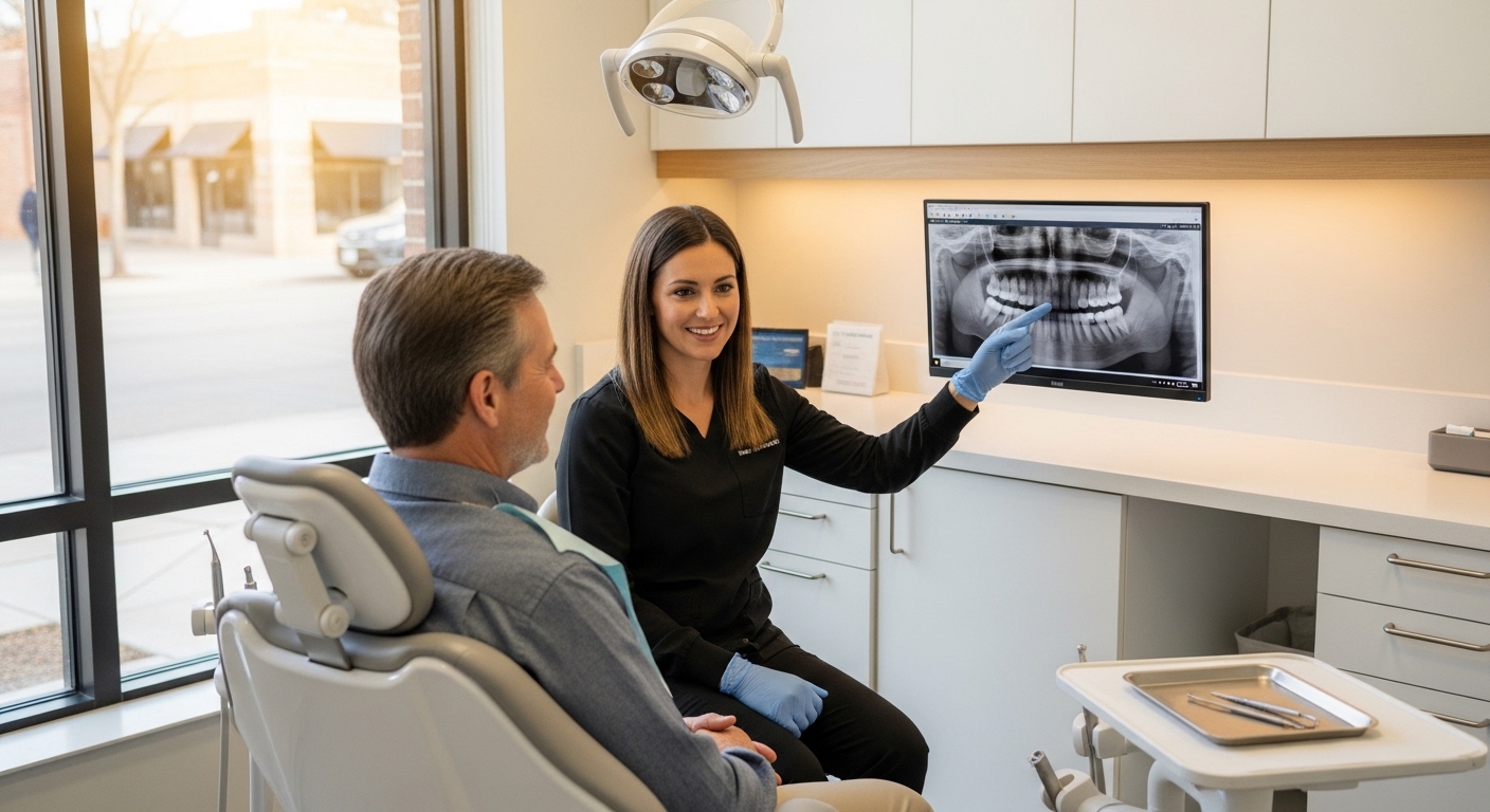 Dentist consulting patient about restorative dental procedures in a modern office