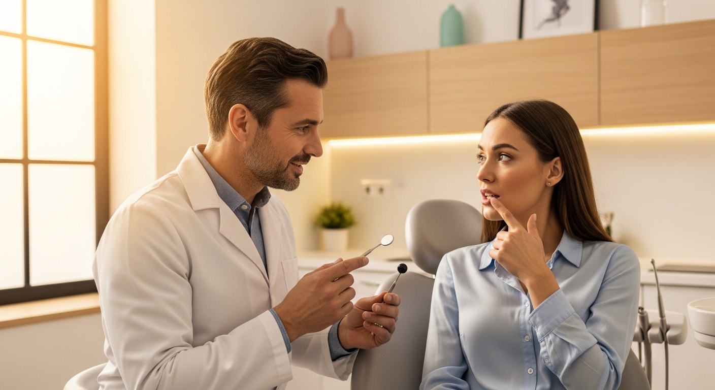 Dentist consulting with patient about dental emergency in modern clinic